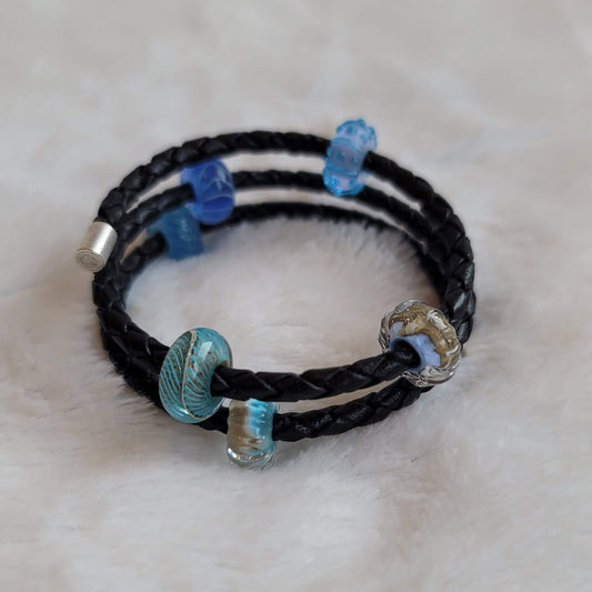 Azure Waves Leather Bracelet  Tathara Beaded Leather Bracelet 1.